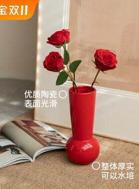 懒地红色陶瓷花瓶摆件客厅冬青插花高级感餐桌喜庆氛围感中式摆件