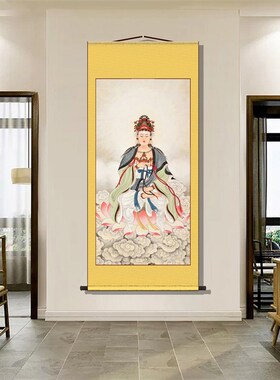 圆光观音结缘画像佛家观世音菩萨神像挂画客厅家用供奉丝绸装饰画