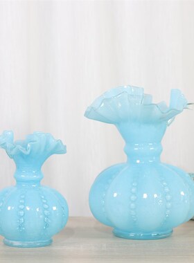 中古芬顿褶皱花边瓶口瓜形单耳绿色洒金纯手工琉璃花瓶水养插花器