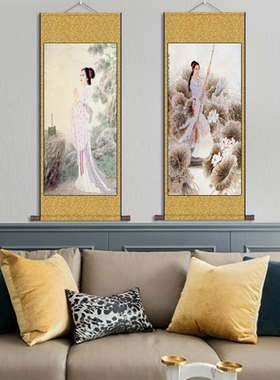 读书仕女古典仕女挂画书房卷轴画茶楼琴房装饰画丝绸画国画美人图