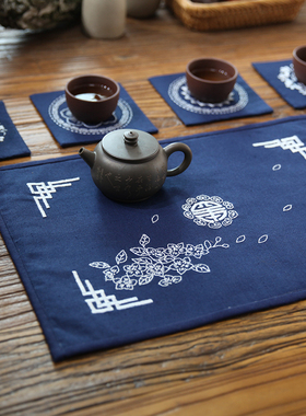 刺绣手工diy初学自绣材料包制作 茶席垫布艺棉麻隔热杯垫方形壶垫
