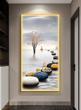 2024新款玄关装饰画迎客松走廊尽头过道挂画灯光画入户正对门壁画