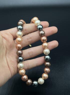 中古混色施家珍珠项链元宝扣串珠小众高级感秋日美拉德风毛衣链