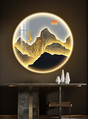 轻奢金山福鹿走廊玄关圆形装饰画招财餐厅画入户LED带灯氛围挂画