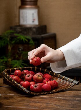 竹编老式簸箕摆件 民宿装饰竹筐竹筲箕 桌面茶几水果盘零食收纳筐