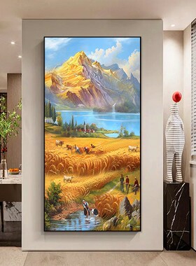 丰收入户玄关装饰画手绘油画金山聚宝盆客厅挂画竖版走廊过道壁画