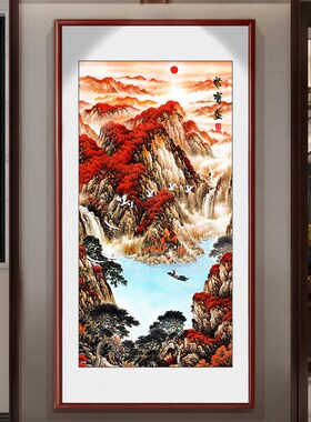 聚宝盆山水画挂画进门玄关画竖版八方来财装饰走廊过道壁画办网红