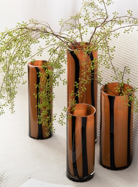 中古条纹玻璃花瓶北欧复古客厅茶几插花器皿咖啡色轻奢装饰摆件