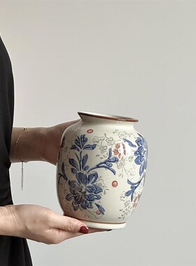 青花瓷复古陶瓷花瓶摆件客厅鲜花插花陶罐轻奢装饰品新中式装饰品