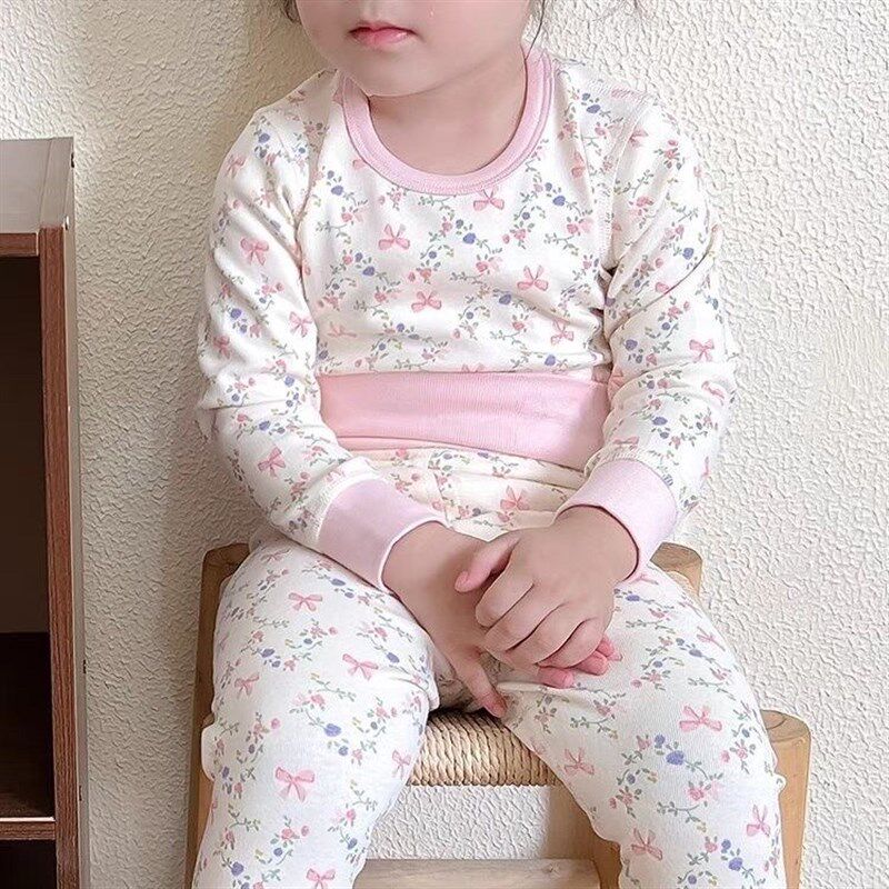 Girls' high-waisted belly-protecting home wear, baby boy's autumn clothes, long johns, pure I cotton underwear set, thickened boneless children's underwear