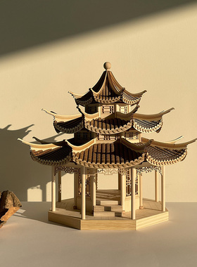 中国古建筑木模型中式古代木质拼装建筑成品古铜色模型摆件