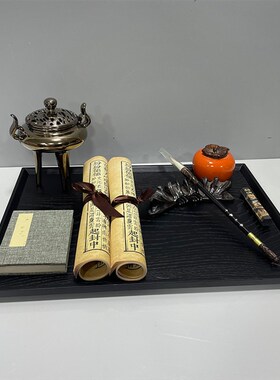 新中式样板房间售楼处展厅书房书桌摆件组合托盘套装卷轴毛笔架