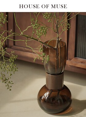 缪斯家琥珀鎏金手工玻璃大花瓶客厅餐桌棕色花器摆件可水培
