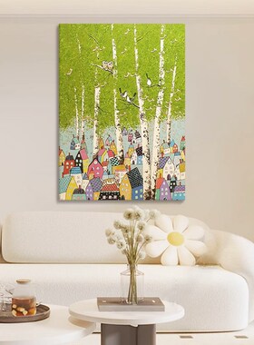 小众艺术纯手绘油画卡通小镇玄关挂画白桦树客厅装饰画绿色肌理画
