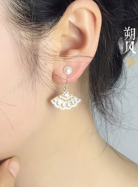 小众耳夹法式无j洞耳环 气质耳坠 扇形闪亮耳钉 珍珠蚊香盘耳夹