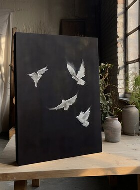 白鸽 中古风客厅装饰画美式黑白高级感沙发墙挂画小众艺术摆件画