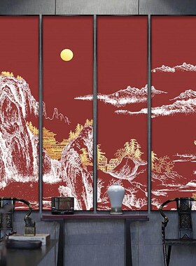 新中式酒店大堂装饰画别墅客厅竖版五联屏挂画禅意山水中国风壁画