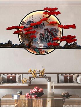 新中式挂画国风玄关客厅沙发背景墙上立体迎客松圆形带灯铁艺壁饰