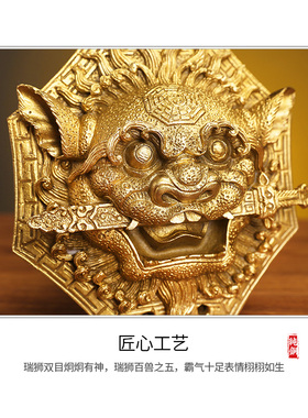 狮咬剑挂件黄铜牌八角狮头虎头牌大门口摆饰狮子铜睚眦瑞兽门对门