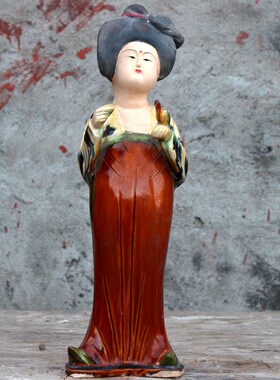 唐三彩仿古仕女陶瓷器摆件博古架收藏古玩画彩绘做旧胖妞肥婆陶俑