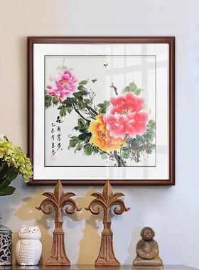 五谷丰登饭店酒楼装饰壁画新中式手绘花鸟国画餐厅吉祥挂画牡丹画