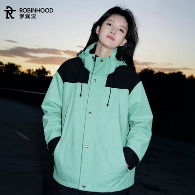 罗宾汉户外(摇粒绒)三合一情侣拼色夹克女户外耐磨防风连帽外套男