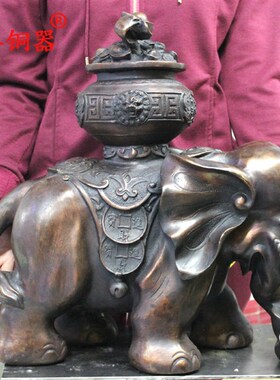 宇卓铜器聚宝盆宝葫芦大象一对工艺品摆饰 纯铜象黄铜象