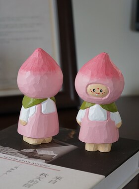 桃子人手工木雕小摆件木质雕刻治愈系动物书桌台面装饰礼物