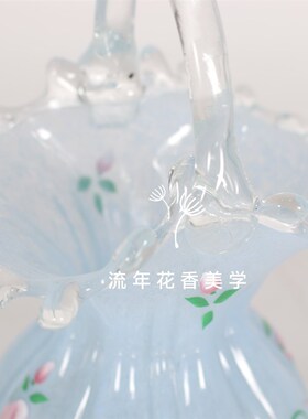 手绘花朵手工水玉蓝色琉璃水滴口提篮花瓶水养插花器家居装饰摆件