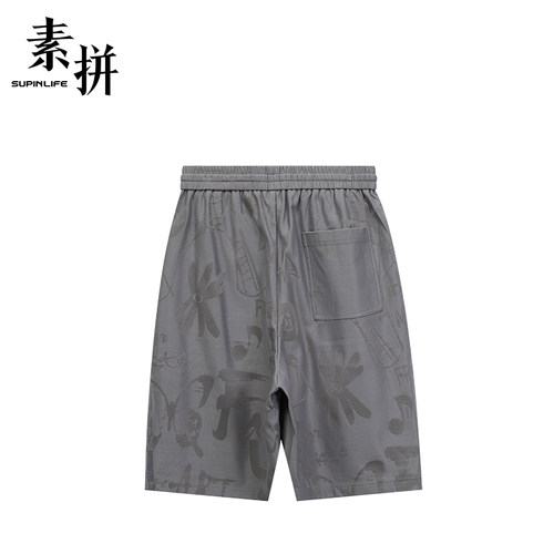 素拼男装夏季休闲短裤宽松直筒五分裤运动薄款抽绳透气印花男士 - 图0