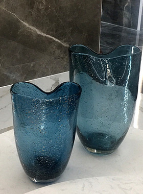 玻璃艺术花瓶摆件蓝色手工琉璃大口插花器家居样板房软装装饰摆设