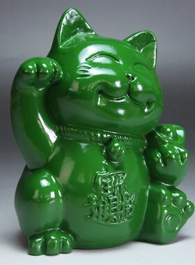 绿色木雕招财猫摆件实木雕刻开业大号送礼品店铺收银台家居发财猫