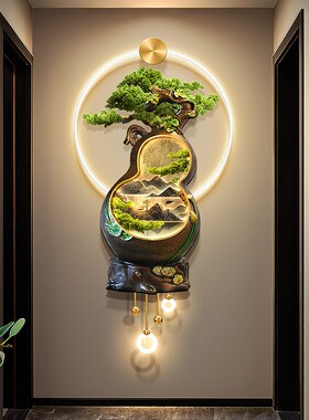 五福临门玄关装饰画新中式流水生财入户挂画葫芦走廊过道带灯壁画