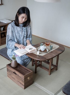 实木新中式禅意折叠便携茶桌圆桌飘窗桌移动户外收纳茶室茶桌炕桌