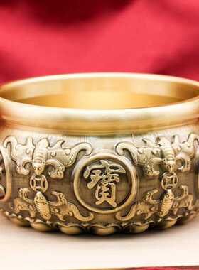 黄铜聚宝盆双鱼金色复古钱币聚财缸客厅办公室桌面铜工艺品摆件