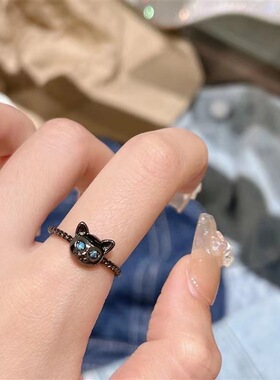 可爱猫咪戒指女款钻石小众设计甜美复古开口时尚个性ins情侣款
