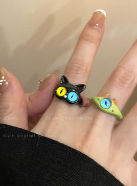搞怪黑色猫咪怪兽戒指女ins小众设计感时尚个性指环大眼可爱