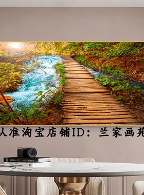 轻奢客厅阳光森林风景画小桥流水郊外美景装饰画沙发墙树木壁挂画