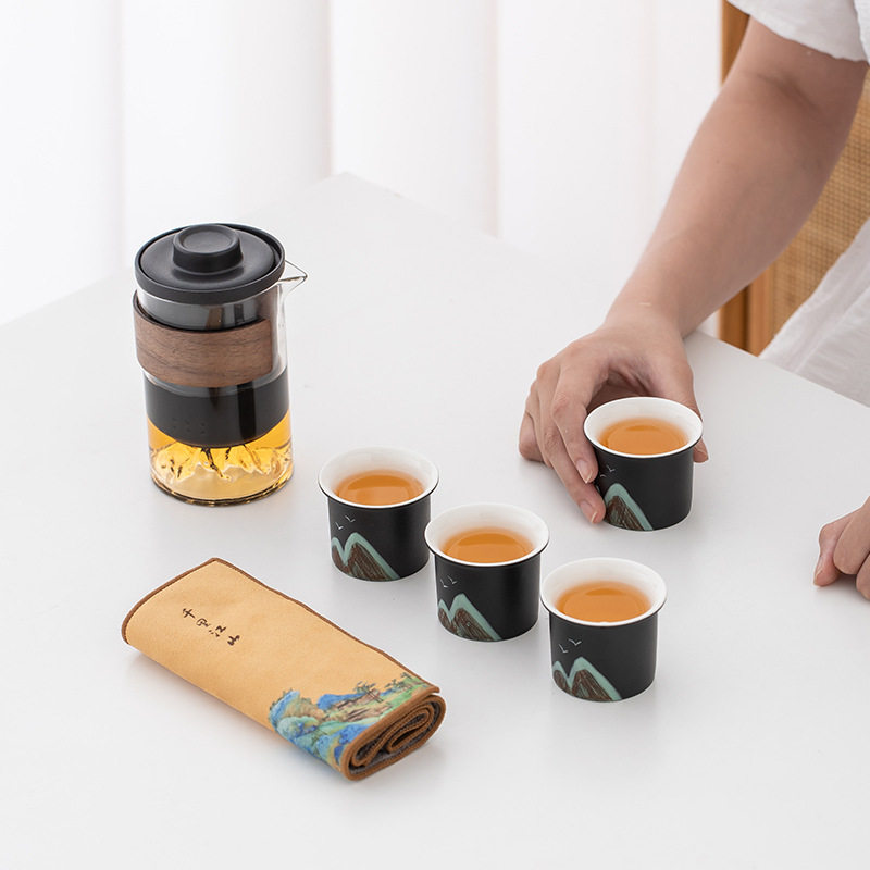 Portable remote mountain travel teacup tea set small set glass outdoor one pot four cups ceramic quick cup teapot