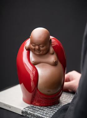中式精品紫砂招财大肚弥勒佛祝福平安陶瓷摆件茶玩客厅桌面装饰品