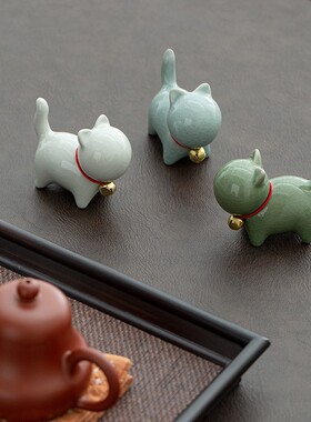 网红哥窑小猫桌摆件陶瓷茶宠橱窗办公桌装饰品家居景点可爱小礼品