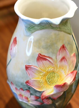 新中式陶瓷荷花花瓶摆件客厅插花禅意办公室入户玄关家居装饰品