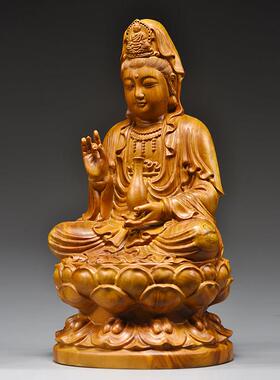 香樟木雕坐莲观音菩萨佛像摆件实木雕刻家用供奉观世音佛像工艺品