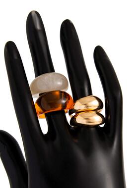 欧美跨境时尚ins几何金属光面戒指套装 琥珀色树脂开口指环Rings