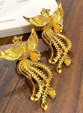 新中式沙金花丝镂空凤凰活口戒指可调节国风凤舞九天指环婚嫁首饰
