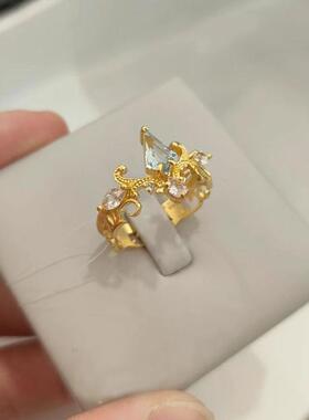 中古蓝色闪钻皇冠婚庆订婚戒指复古vintage宫廷风开口镀金食指戒