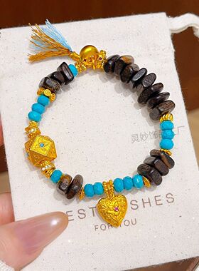 古法沙金唐八棱仿沉香绿松石爱心流苏手链点钻錾刻文玩手串女送礼