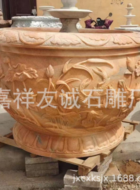 天然青石石雕荷花鱼缸 庭院仿古石水缸 户外养鱼养花石盆摆件