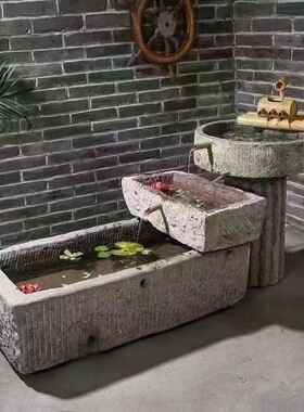 老旧石槽鱼缸 洋芋石头花盆种花庭院 小石槽流水组合摄影拍摄道具