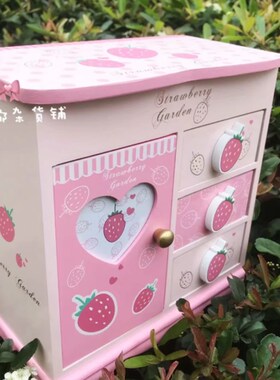 新  可爱草莓首饰盒收纳盒 木质木制 镜子K 戒槽 柜子发饰盒 礼物